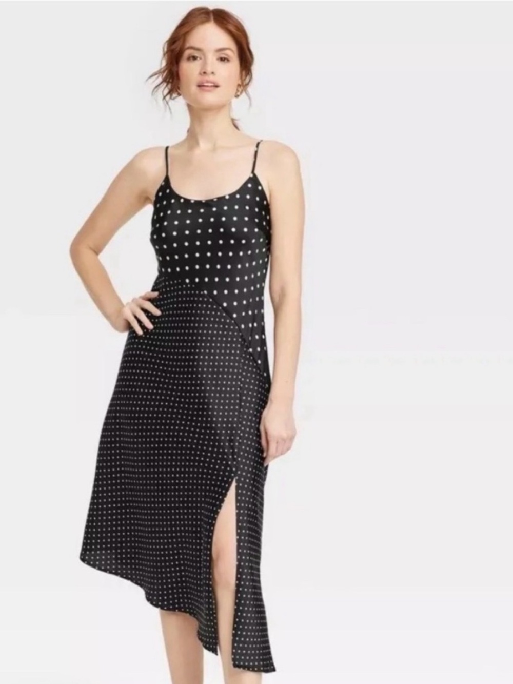 a new day Black Polka Dot Slip Midi Dress with Side Slit